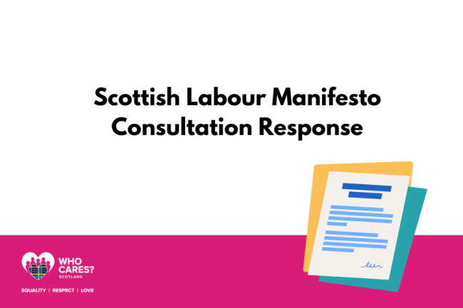 A white and pink graphic, with a yellow notepad in the bottom corner. Black text on a white background reads: Scottish Labour Manifesto Consultation Response.
